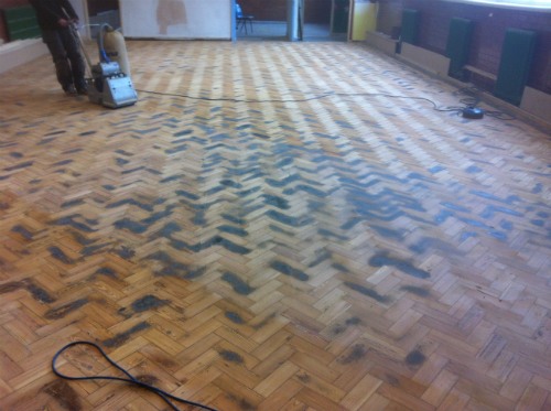 Pitch Pine Parquet Flooring Restored at Stalybridge Church Hall Cheshire